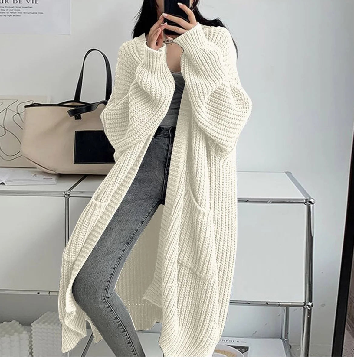 Women Oversized Maxi Cardigan Knitted Sweater Coat With Pockets Autumn Winter Casual Loose Long Sleeve Sweater Outwear Ladies