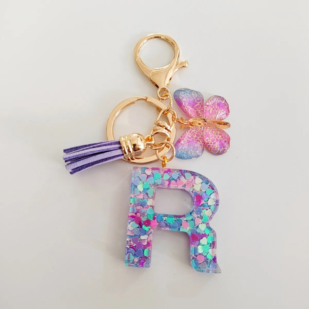 Fashion butterfly Fringe Initial Keychain Drop Glue Blend Sequin A-Z26 Letter Keychain Cute Ladies Student Bag Accessory Gift