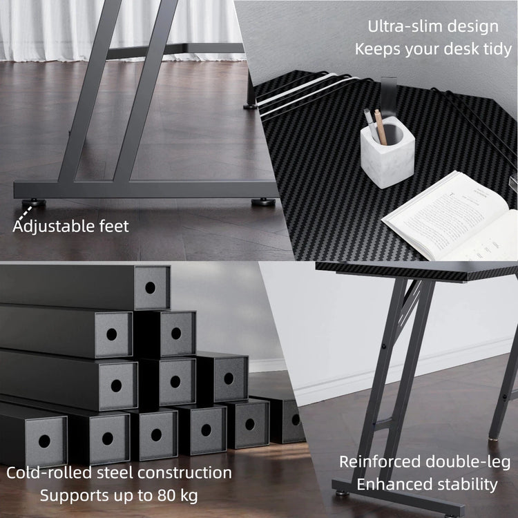 L-Shaped Gaming Desk with LED Lights and Monitor Stand, Corner Computer Desk with Carbon Fiber Surface, PC Table Easy Assembly for Home Office, Gaming & Streaming