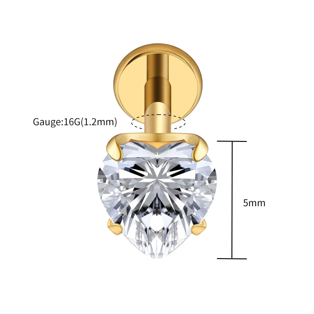Right Grand ASTM F136 Titanium 16G Heart CZ Threaded Labret 3mm/4mm/5mm CZ Cartilage Tragus Helix Nose Stud Piercing Jewelry