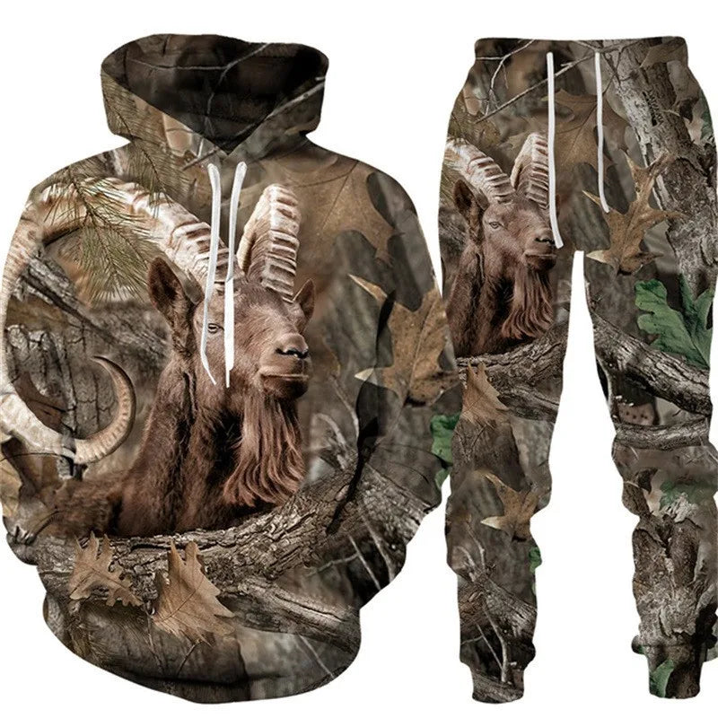 Men's Camouflage Hunting Animal Tracksuit Outfits 3D Wolf Print Hoodies 2-Piece Autumn/Winter Outdoor Sweatshirts Sweatpants Set