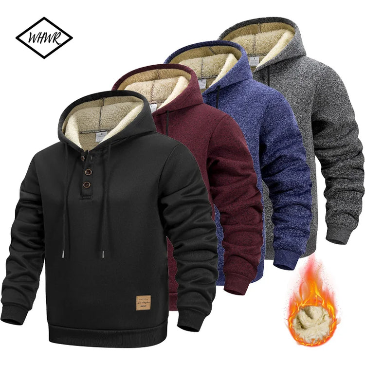 Men's Half Button Hoodie Thicken Winter Hooded Sweatshirts Retro Warm Fleece Knit Sweater Outdoor Running Sports Casual Pullover