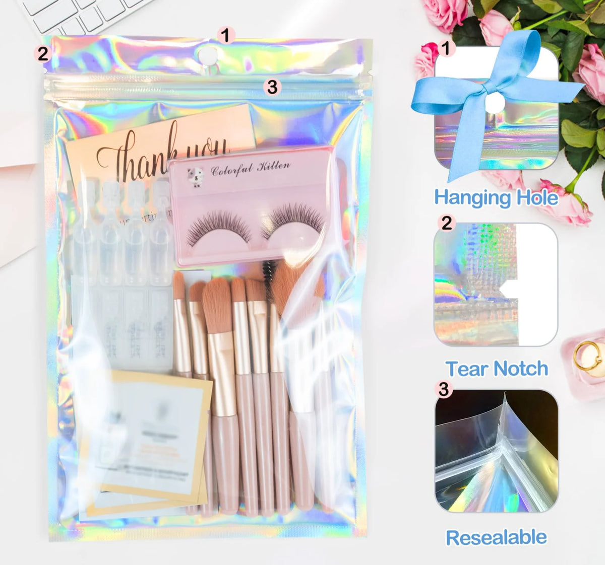 10-300PCS Laser Sealing Bags Plastic Holographic Candy Food Pouch Resealable Necklace Jewelry Gift Packaging Kitchen Storage Bag
