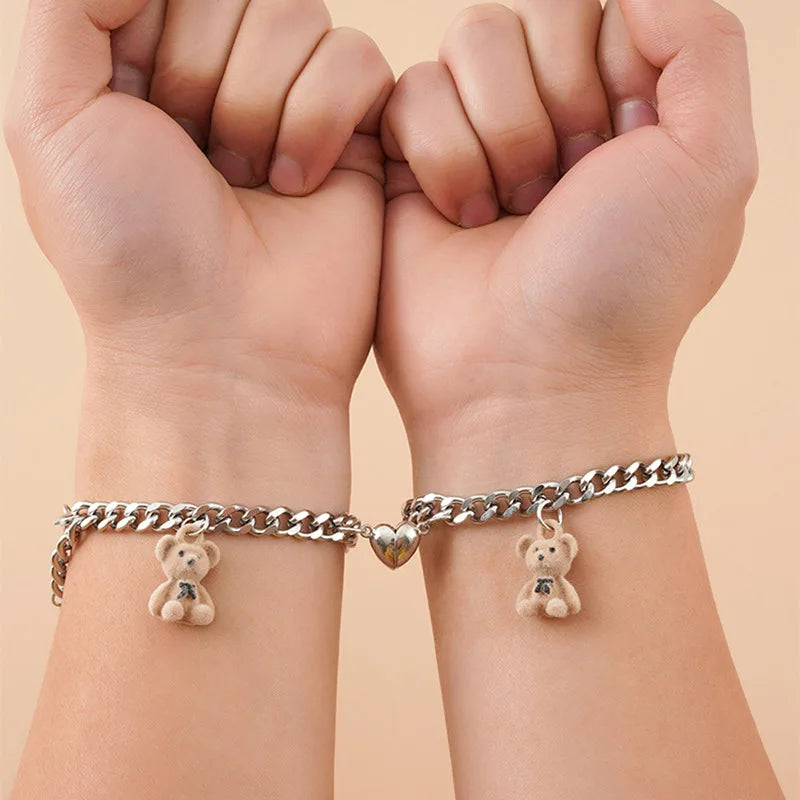 2Pcs/set Magnet Couple Bracelets Heart Attraction Bracelet Stainless Steel Charm Simple Cuban Chains Key Lock Jewelry Gifts