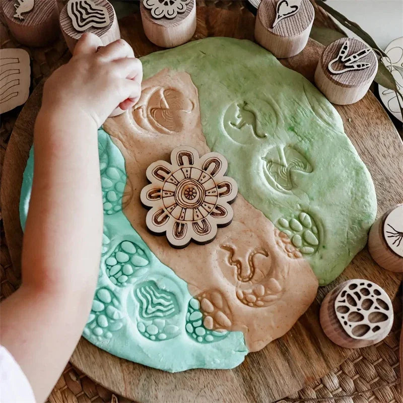 Kids Montessori Wooden Play Dough Stampers Tools Weather Insect Nature Stamps Playdough Fun Activity for Children Sensory Toys