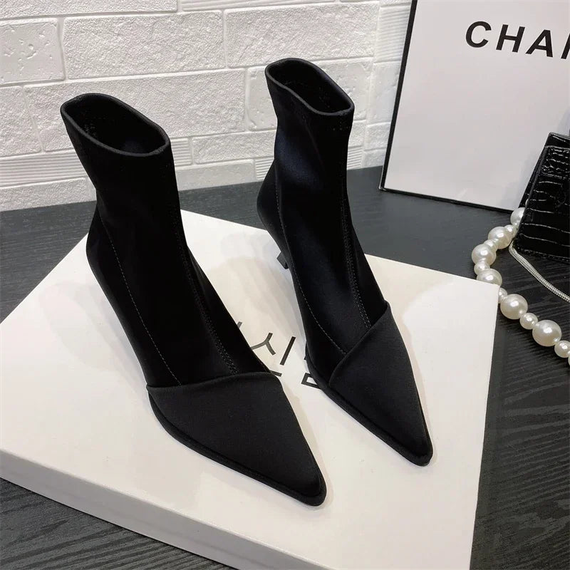 Ladies Shoes Elegant High Thin Heel New Satin Pointed Toe Short Boots Women Stretchce Temperament Ankle Boots Short Elegance