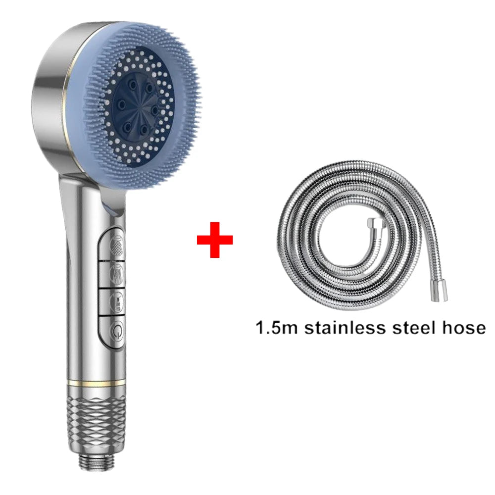 4 Modes Self-cleaning Shower Head with Silicone Brush One-Key Stop Water Massage High Pressure ABS Showerhead with Filter