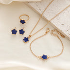 Lucky Five-petal Flower Clover Earrings Necklace Ring Bracelet Four-piece Set for Woman Fashionable Accessories Party Jewelry