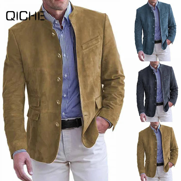 QICHE Men Clothing 2026 Autumn Winter Casual Faux Suede Blazer, Men Stylish Suit Jacket Outerwear, Male Clothes