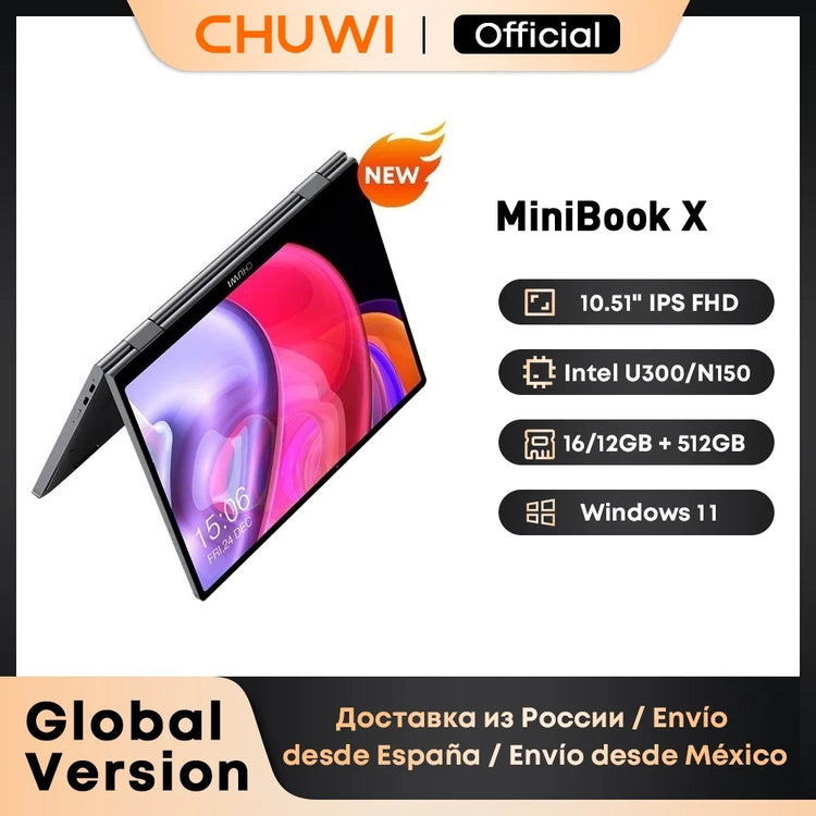 CHUWI MiniBook X Laptop Tablet 2 In 1 Intel U300/N150 10.51" FHD IPS Screen 16GB / 12GB RAM 512G SSD Windows 11 Notebook PC