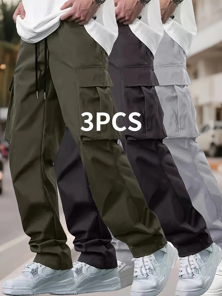 3 Pc Spring and Autumn New Men's Cordwork Pants, Drawstring Multi-Pocket Casual Cordwork Pants
