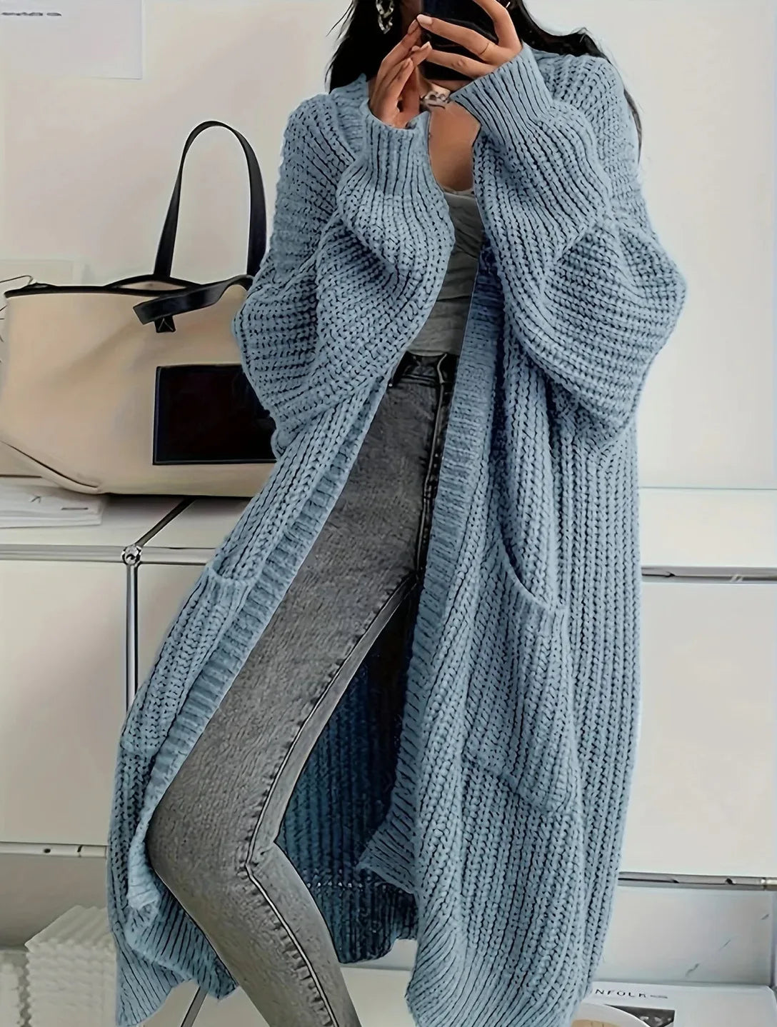 Women Oversized Maxi Cardigan Knitted Sweater Coat With Pockets Autumn Winter Casual Loose Long Sleeve Sweater Outwear Ladies