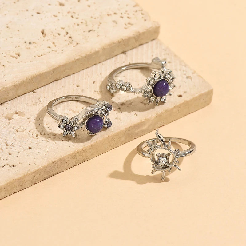 4Pc Sunflower Moon Ring Set for Women Exquisite Sweet Bow Star Heart Finger Rings Trend Vintage Stackable Versatile Jewelry Gift