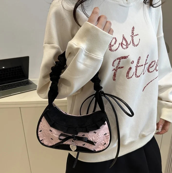 Fashion Grid Women Bag Lace Ribbon Stretchable Shoulder Strap Single Shoulder Underarm Bag Daily Commuting Student Handbag