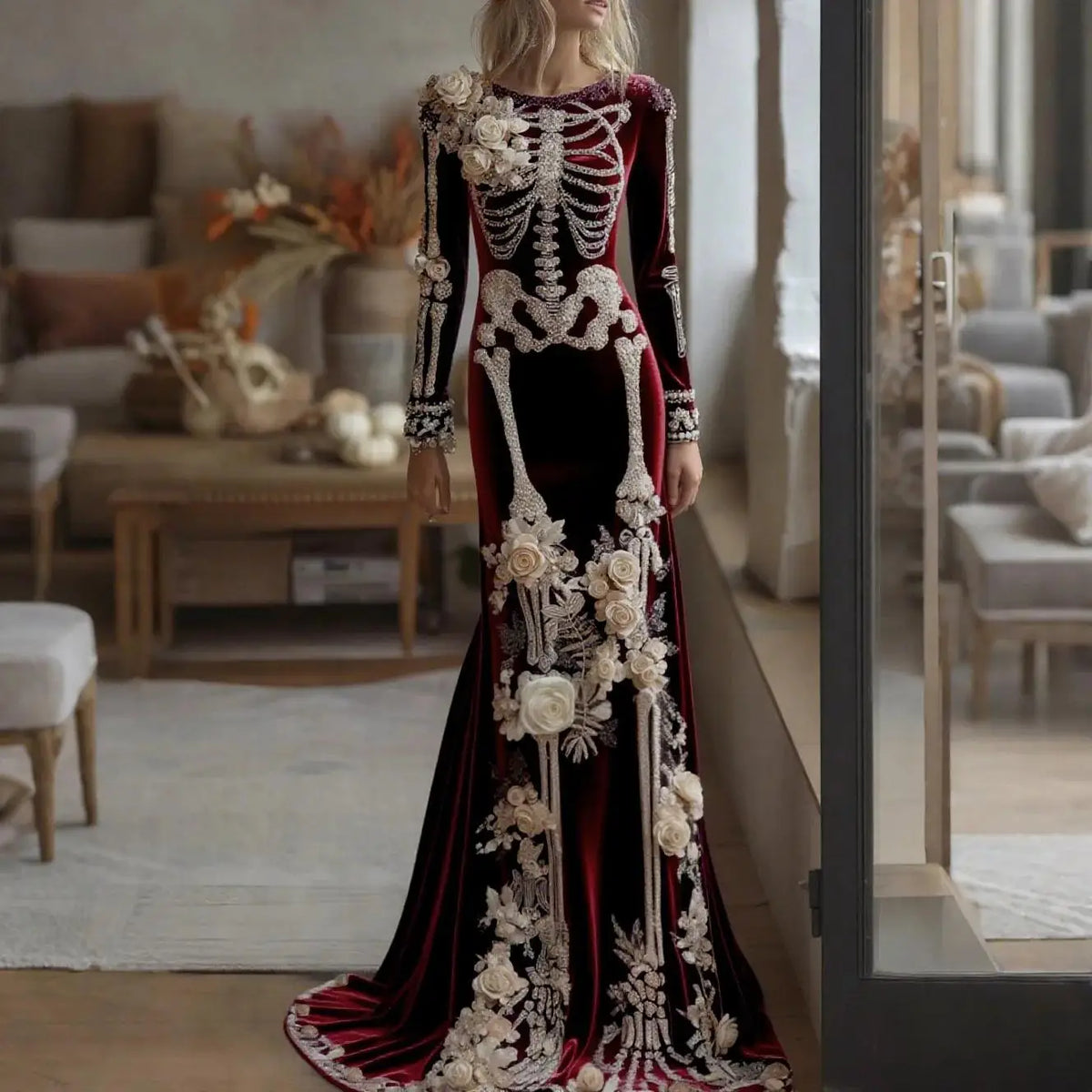 Halloween White Bone Skeleton Embroidered Long Sleeved Dress, Dark Rose Three-dimensional Flower Slimming Holiday Party Dress