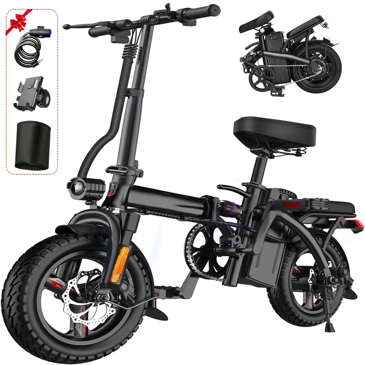 560W Electric Bikes for Adult,24MPH,14inch Folding Electric Bike,48V10.4AH Removable Battery,Multi-Shock Absorption Electric Bicycle