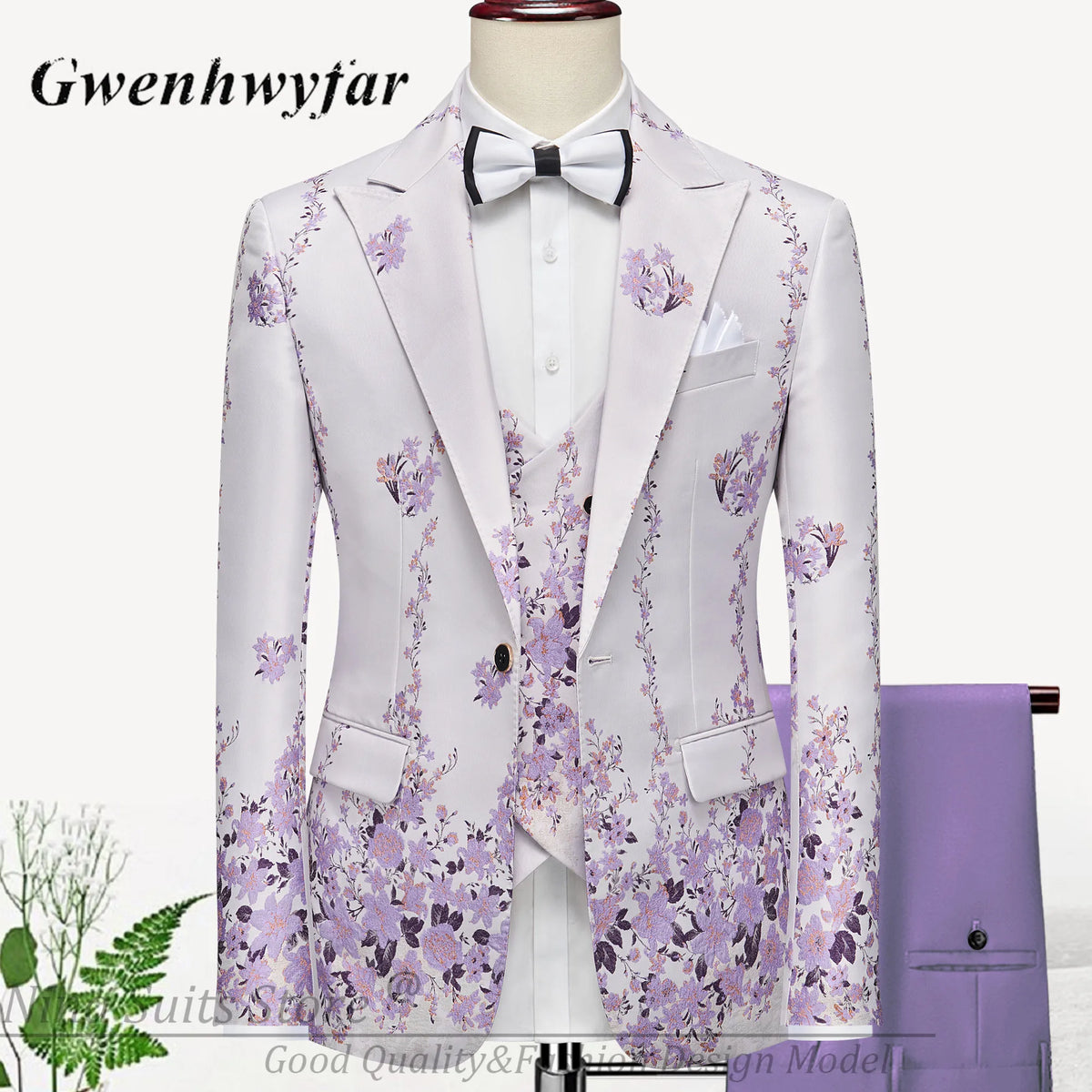 G&N 2026 New Series Men Suits Blazer Beautiful Lilac Purple Floral Pattern Tuxedos 3 Pieces Formal Party Costume Homme Slim Fit
