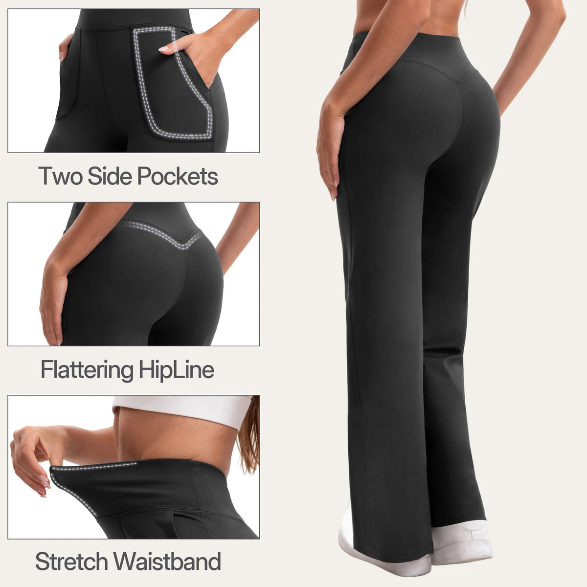 Women's High Waist Flared Yoga Pants Tummy Control M-Line Butt Lifting Two Pockets Stretchy Soft Flowy Workout Office