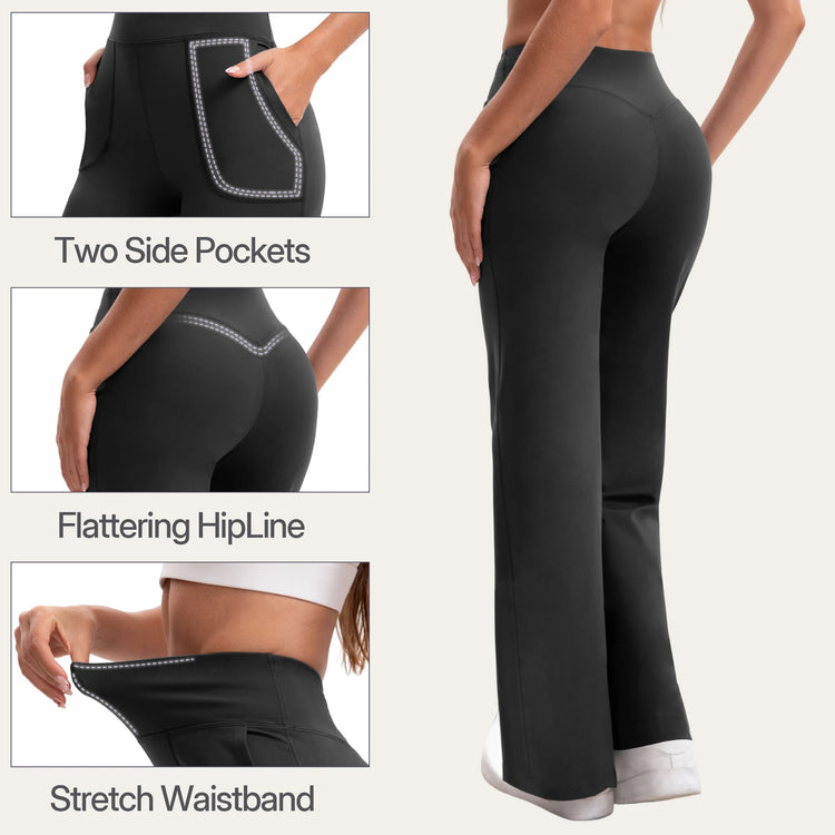 Women's High Waist Flared Yoga Pants Tummy Control M-Line Butt Lifting Two Pockets Stretchy Soft Flowy Workout Office