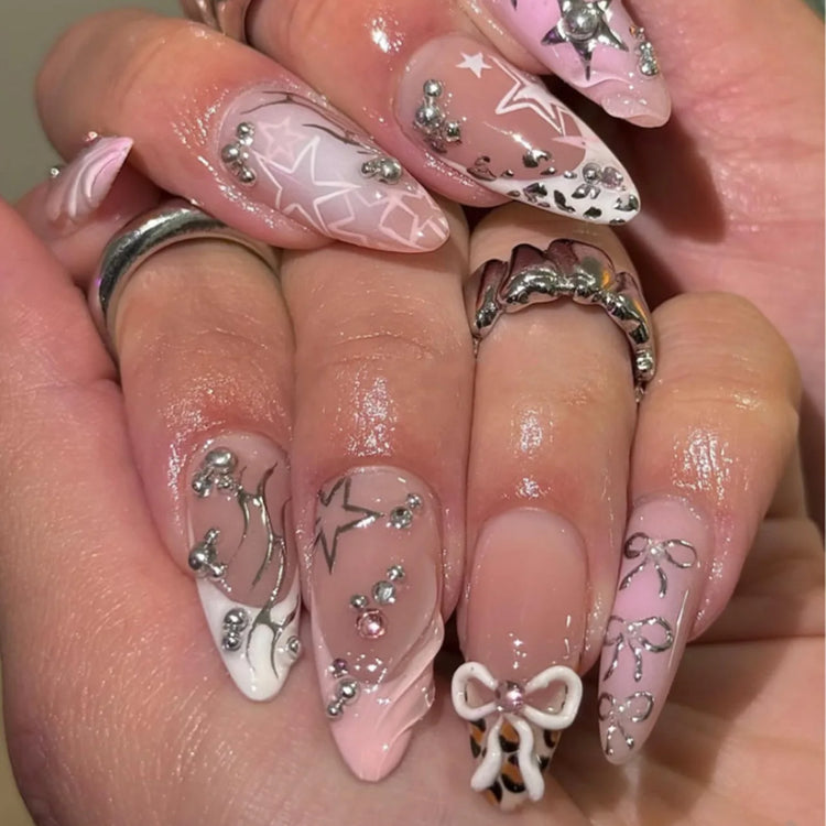 24Pcs French False Nails Almond Fake Nails with Glue Press on White Edge Design Wearable Simple Ins Pink Stiletto Nail Tips