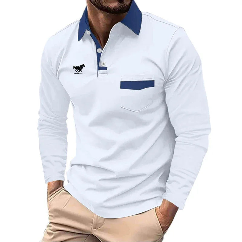 Men's business casual polo shirt, long-sleeved shirt, tight pocket sewn, solid color, sporty, spring and autumn, new
