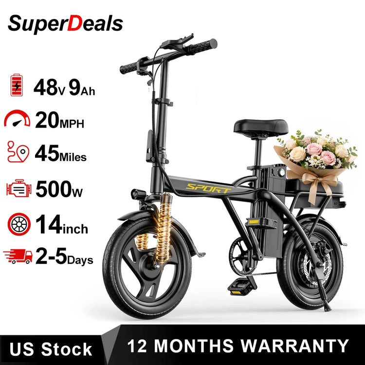 14'' Foldable Electric Bike 500W Motor 48V 9Ah Battery 22MPH Max Speed 45 Miles Long Range with Two Seats for Adult Mini E Bike