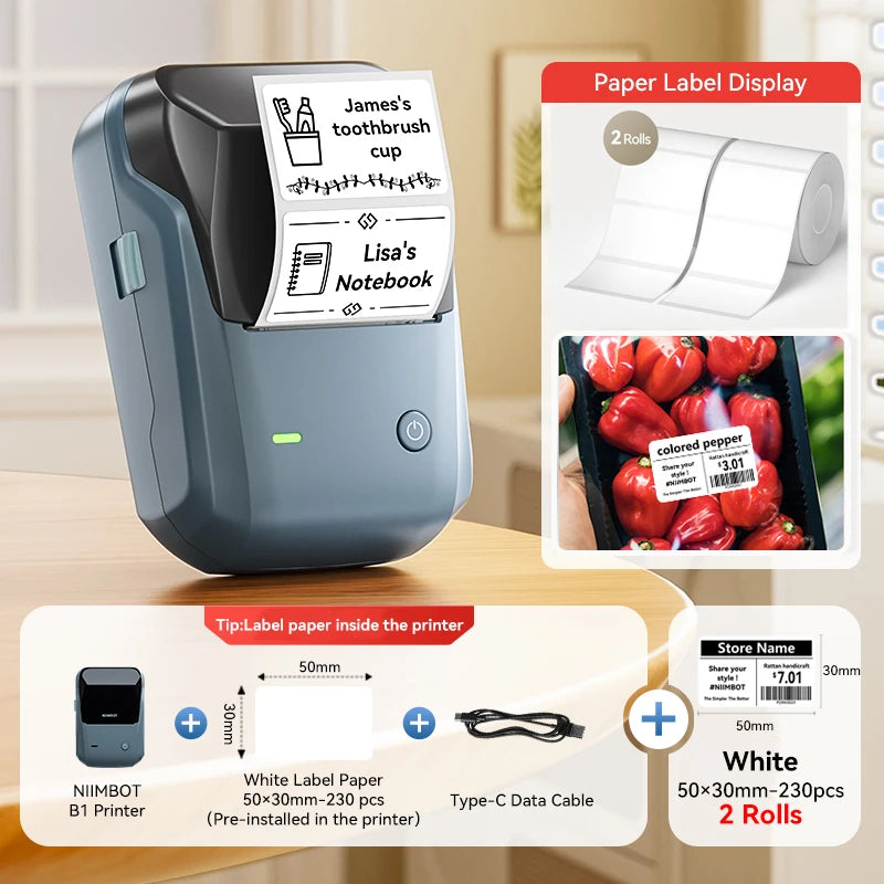 Niimbot B1 Wireless Thermal Label Printer Food Tag Barcode Price Small Business 20-50mm Print Width Label Machine for Home