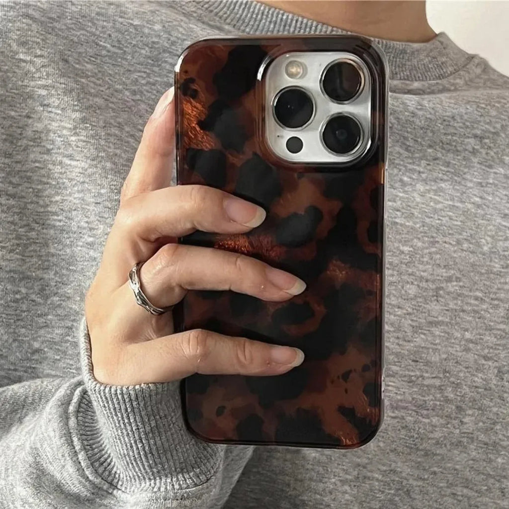 Retro Amber Texture Laser Phone Case For iPhone 18 17 16 Pro Max 15 14 13 12 11 XS XR 7 8 Plus Stylish Leopard Print Soft Cover
