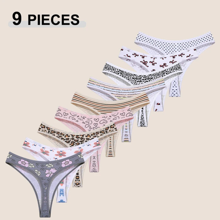 9Pcs Women's Seamless Cotton Panties XS-XXL Multiple Printing T-Back G-strings Sexy Low Waist Breathable Thongs Female Underwear