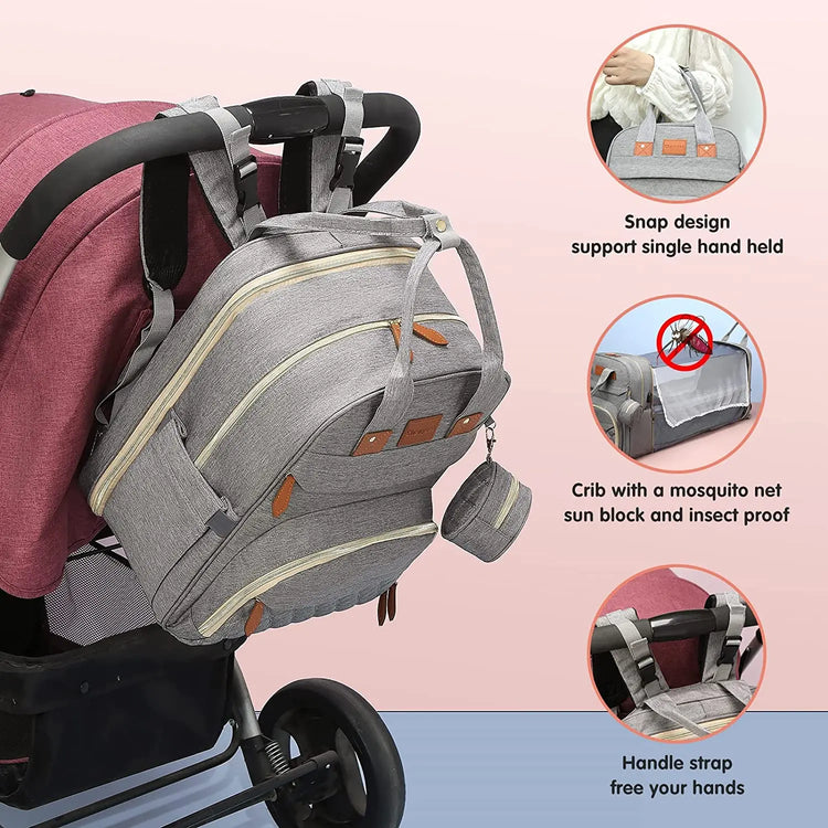 Foldable 3-in-1 Diaper Bag Backpack with USB Charge Waterproof Travel Bag Baby Bed And Changing Mat Included