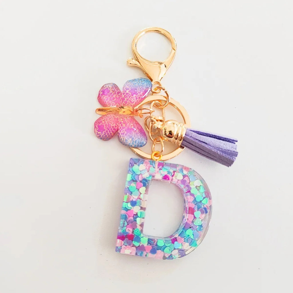 Fashion butterfly Fringe Initial Keychain Drop Glue Blend Sequin A-Z26 Letter Keychain Cute Ladies Student Bag Accessory Gift