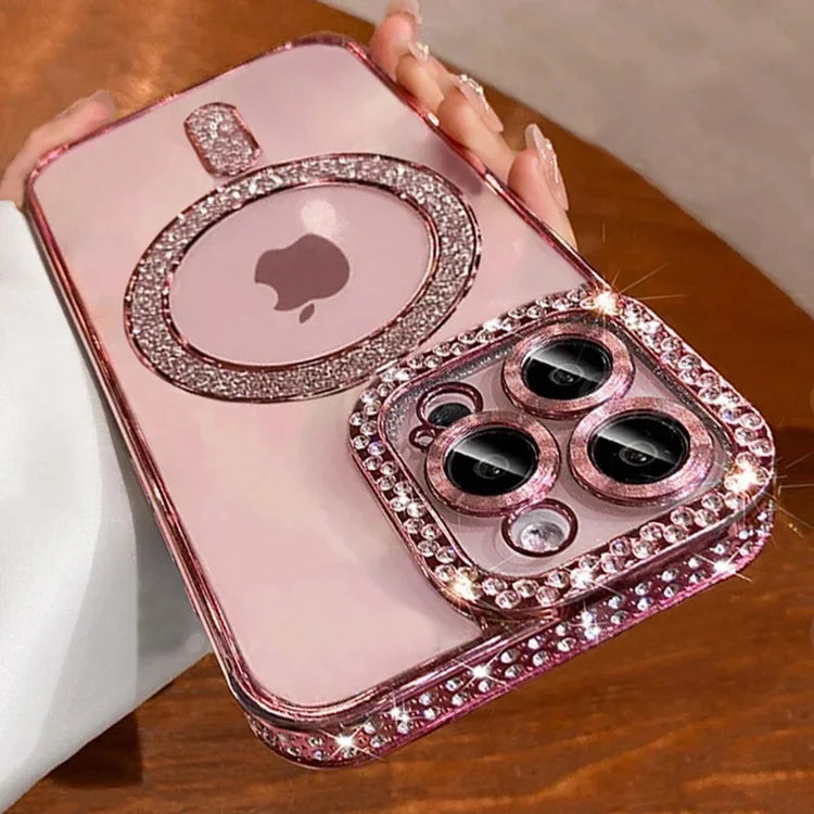 Fashion Glitter Diamond Transparent Case For iPhone 18 17 16 15 14 13 11 12 Pro Max Funda Magnetic Wireless Charger Bumper Cover