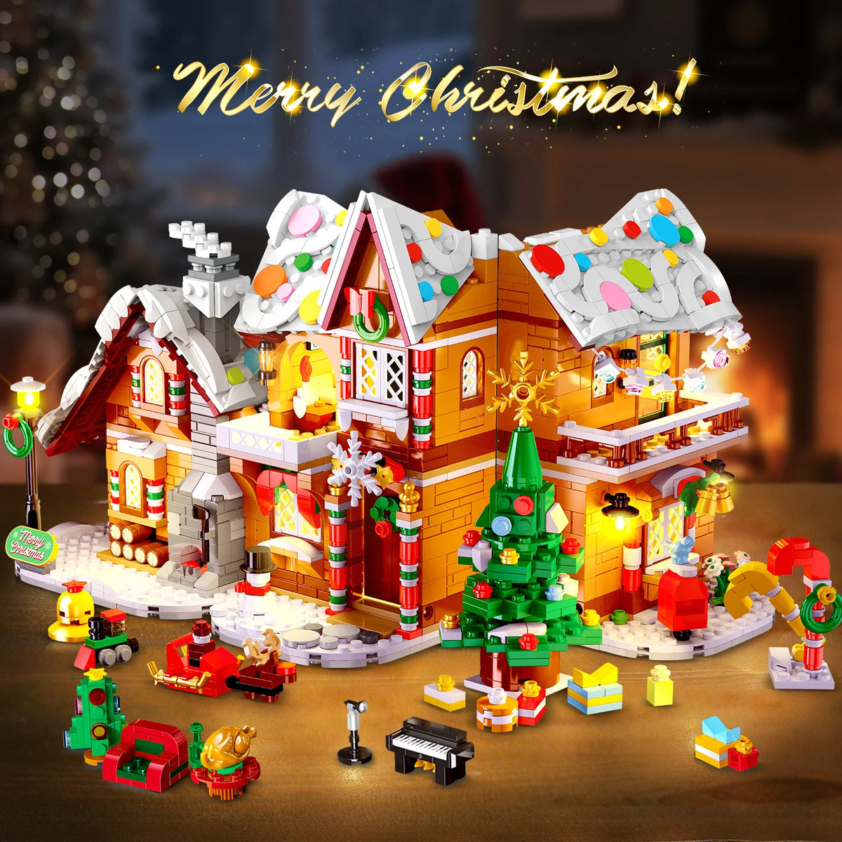 2025 Christmas Gingerbread House Building Toy with LED Light-3 Style Modes Block with Santa Xmas Tree Train for Adults Kids8+