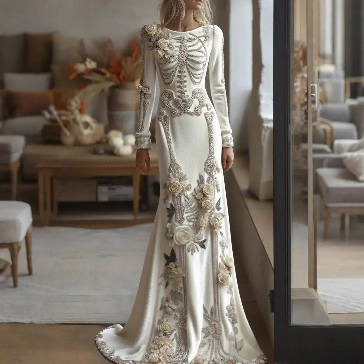 Halloween White Bone Skeleton Embroidered Long Sleeved Dress, Dark Rose Three-dimensional Flower Slimming Holiday Party Dress