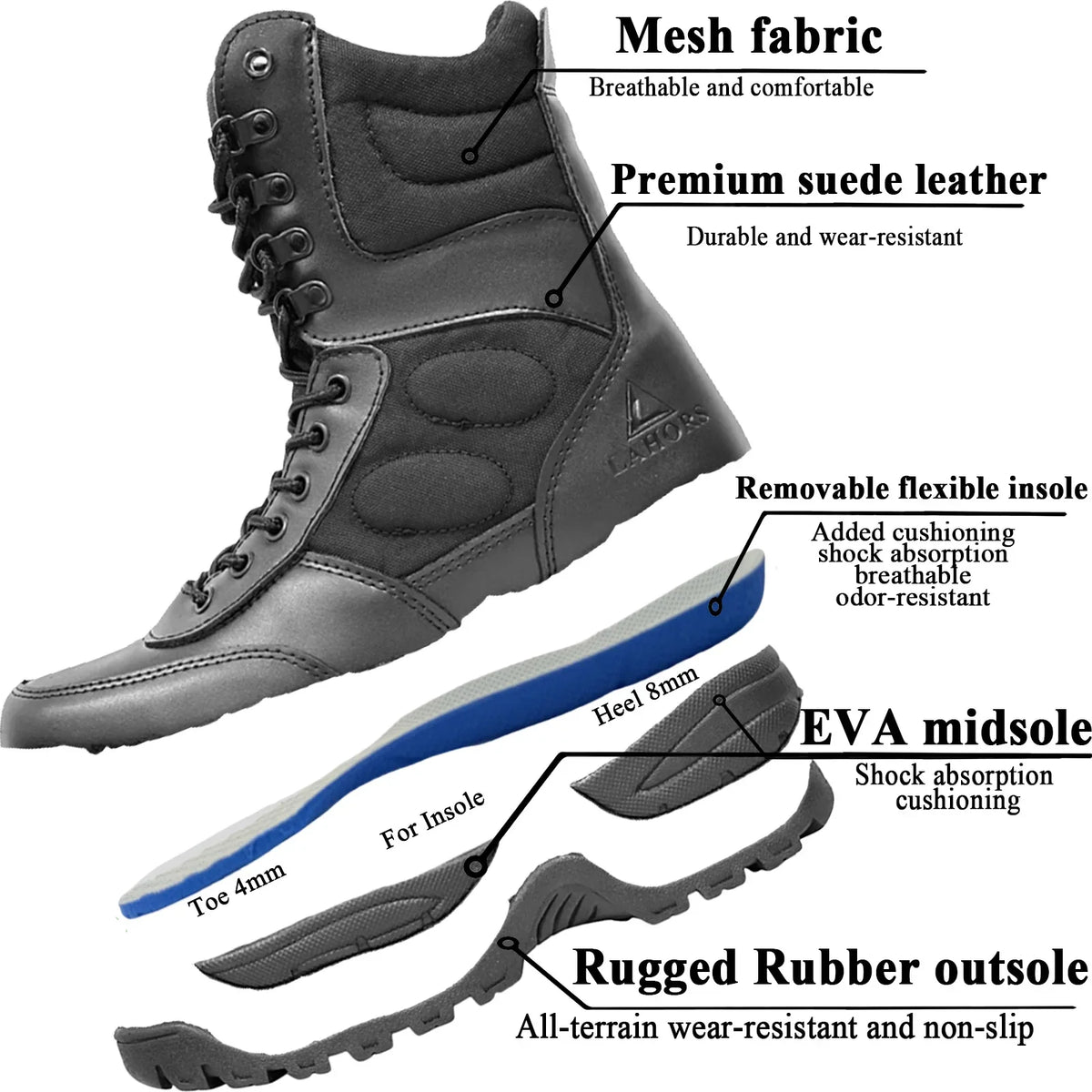 LAHORS® Brand Lightweight Cowhide Leather Tactical Boots Men's Desert Combat Outdoor Hiking Ankle Shoes Men