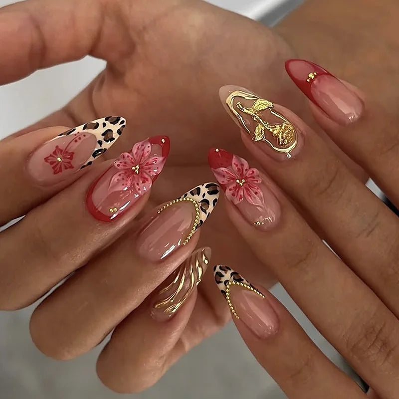 24PCS Pink Almond Press on Nails Full Cover Carved Flower 3D Ripples French Fake Nails for Women with Golden Pearl Wearable Nail