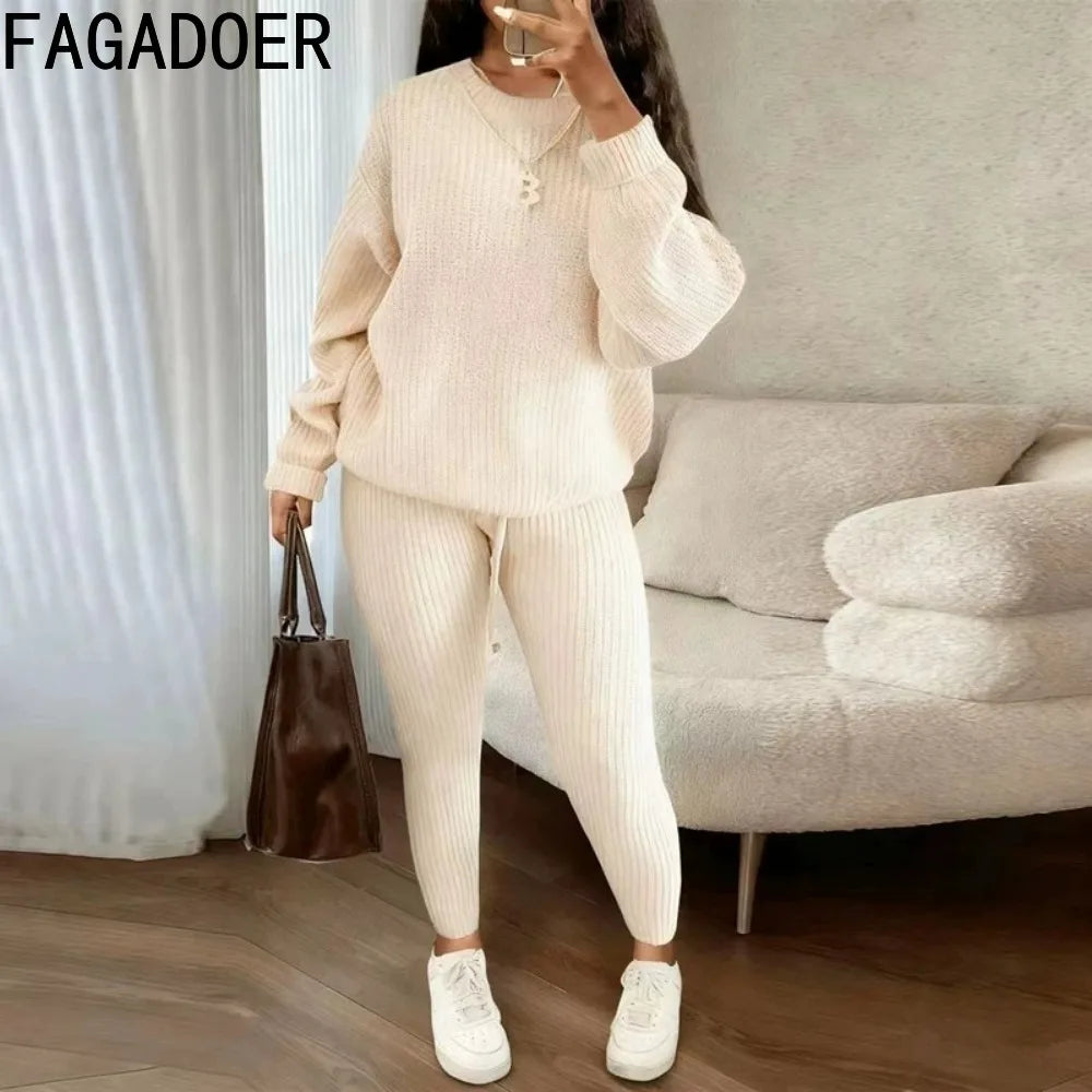 FAGADOER Knitt Sweater 2 Piece Set for Women Autumn Winter Long Sleeve O Neck Sweater + Skinny Pants Sets Casual Outfit Homewear