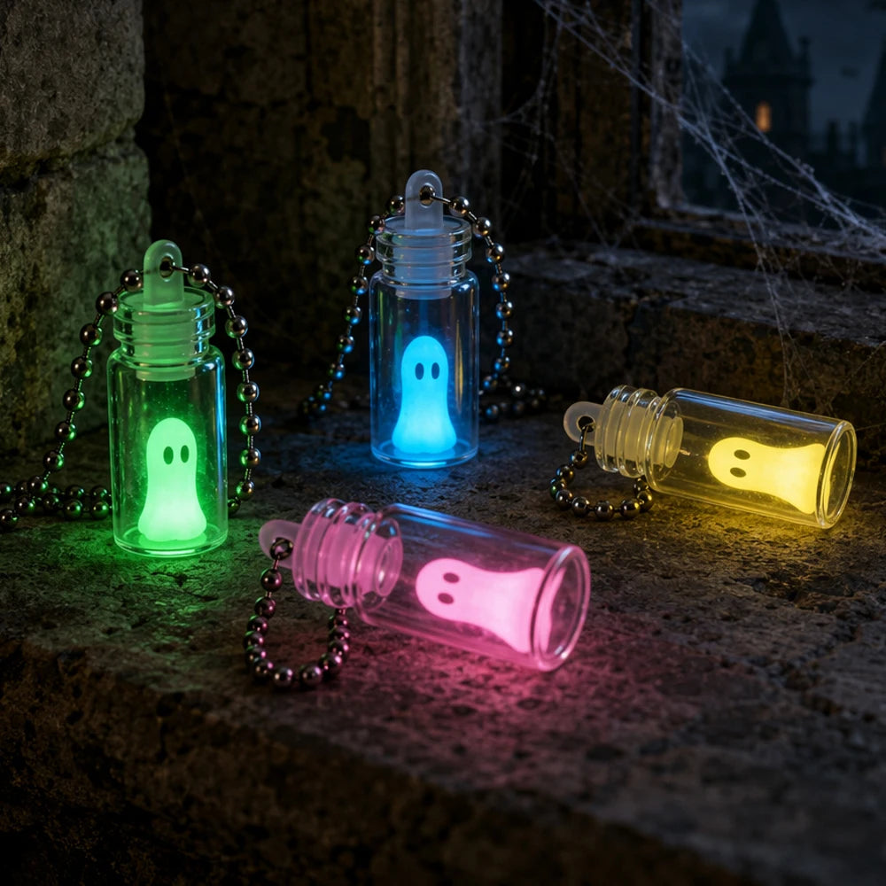 4pcs Exquisite Luminous Ghost Keychain Set Halloween Multicolor Tiny Glow Drifting Bottle Keyrings Adopt Ghost Spectre Jewelry