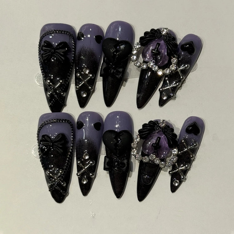 Long Stiletto Press on Fake Nails Blue Heart Diamond Bow Decoration False Nail Y2K Fashion Artificial Nail Handmade Acrylic Nail