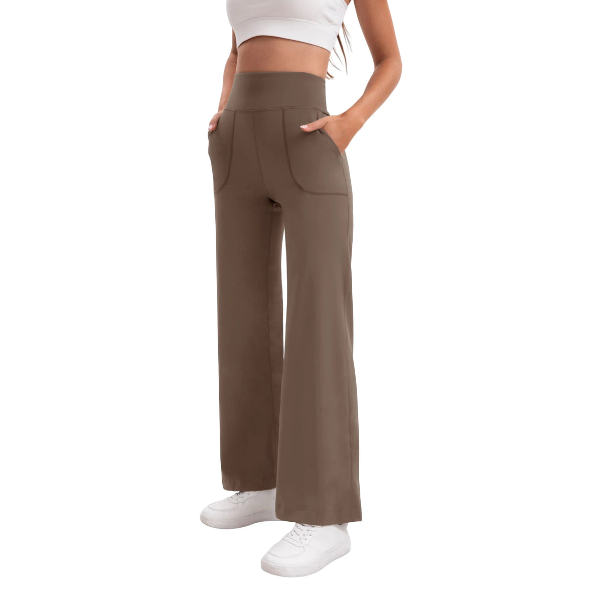 Women's High Waist Flared Yoga Pants Tummy Control M-Line Butt Lifting Two Pockets Stretchy Soft Flowy Workout Office