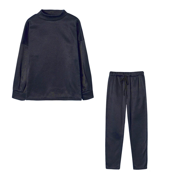 2025 Autumn and Winter Women's Sweater High Collar Casual Pure Color Trousers Two-piece Set