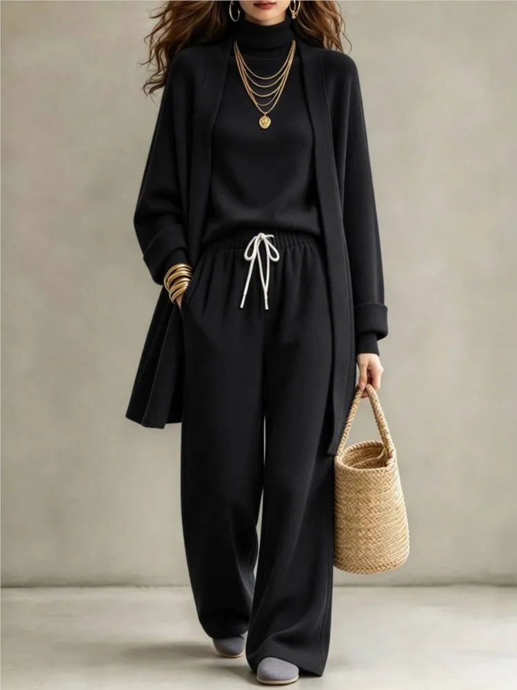 Autumn Winter New Fashion Double-sided Velvet High Collar Base Shirt Long Coat 3-piece Set Women's Casual Warm Wide Leg Suit2026