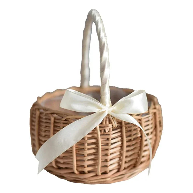 1pc Hand-woven Wedding Flower Basket With Handle Wicker Sundries Basket Wedding Flower Basket For Home Picnic Storage Basket