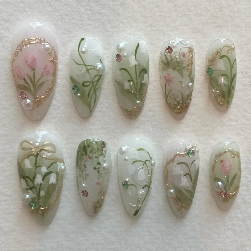 24pcs Pink Flower Almond Press on Nails Kawaii False Nails Wearable Stick-on Nails Fake Nail Uñas Postizas Накладные Ногти 네일팁