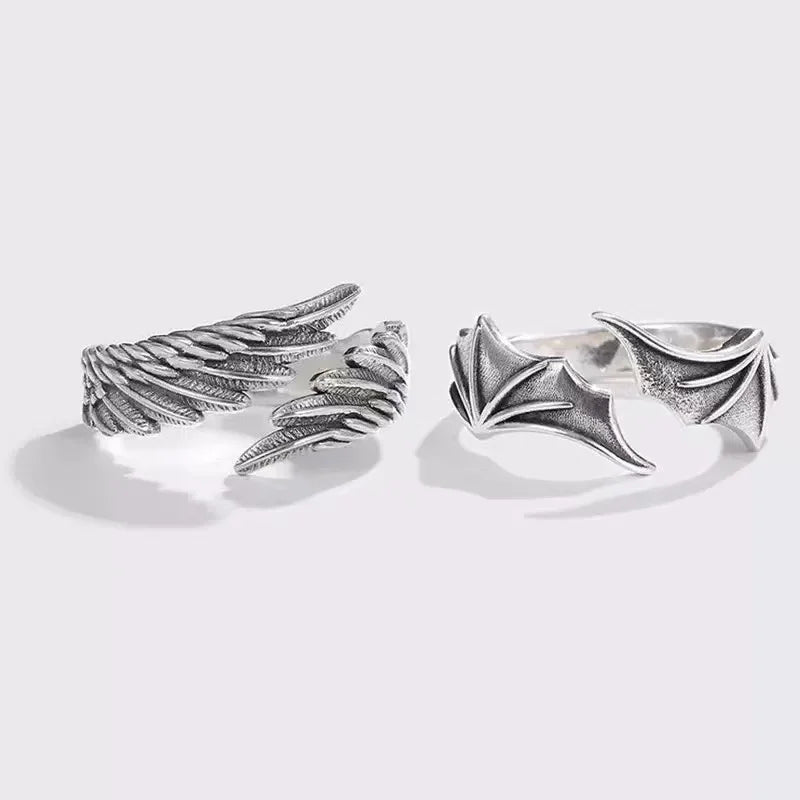 2PCS Fashionable And Simple Angel And Devil Wing Rings, Retro Personalized Open Mouth Men's And Women's Rings Available For Whol