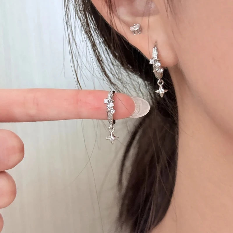 2026 New Arrival Metal Four Star Hoop Earrings for Women Simple Zircon Geometric Circle Earring Buckle Earrings Jewelry Gifts
