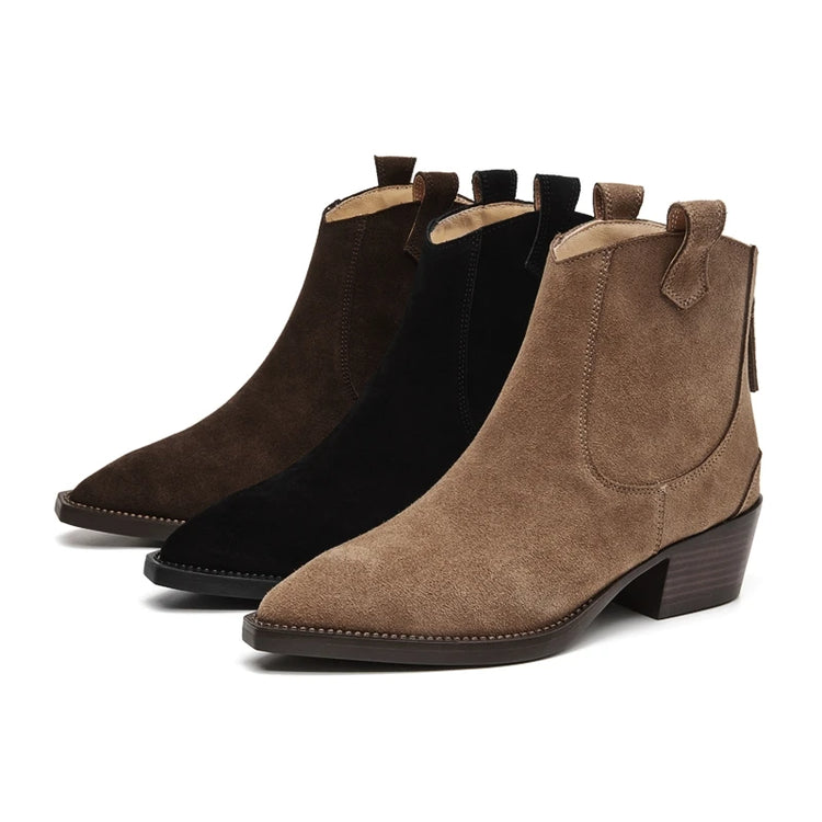AIYUQI Women's Ankle Boots 2026 New Pointed Toe Zippered Western Cowboy Boots For Women Block Heel Work Boots Female