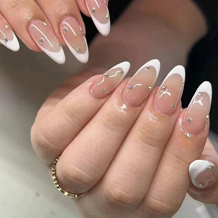 24Pcs French False Nails Almond Fake Nails with Glue Press on White Edge Design Wearable Simple Ins Pink Stiletto Nail Tips