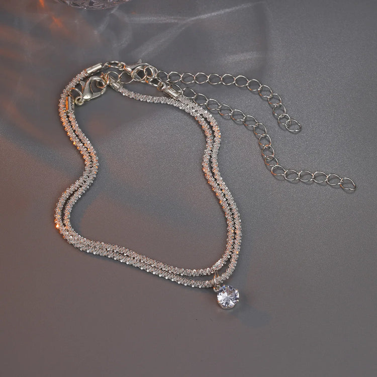 Shiny Silver Color Fashion Zircon Pendant Anklets for Women Girls Two Layers Chain Multi-Layer Beach Foot Jewelry Crystal Gift