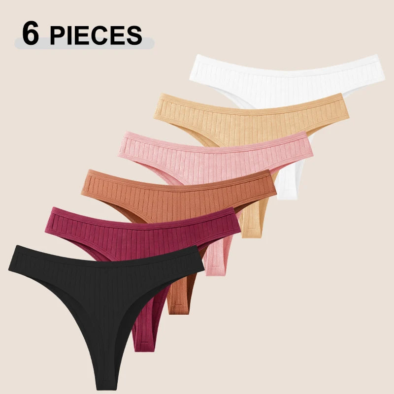 6Pcs/Set Seamless Cotton Thongs Panties For Women Sexy Low Rise Solid Color G-String Underwear Female Ribbed Breathable Lingerie